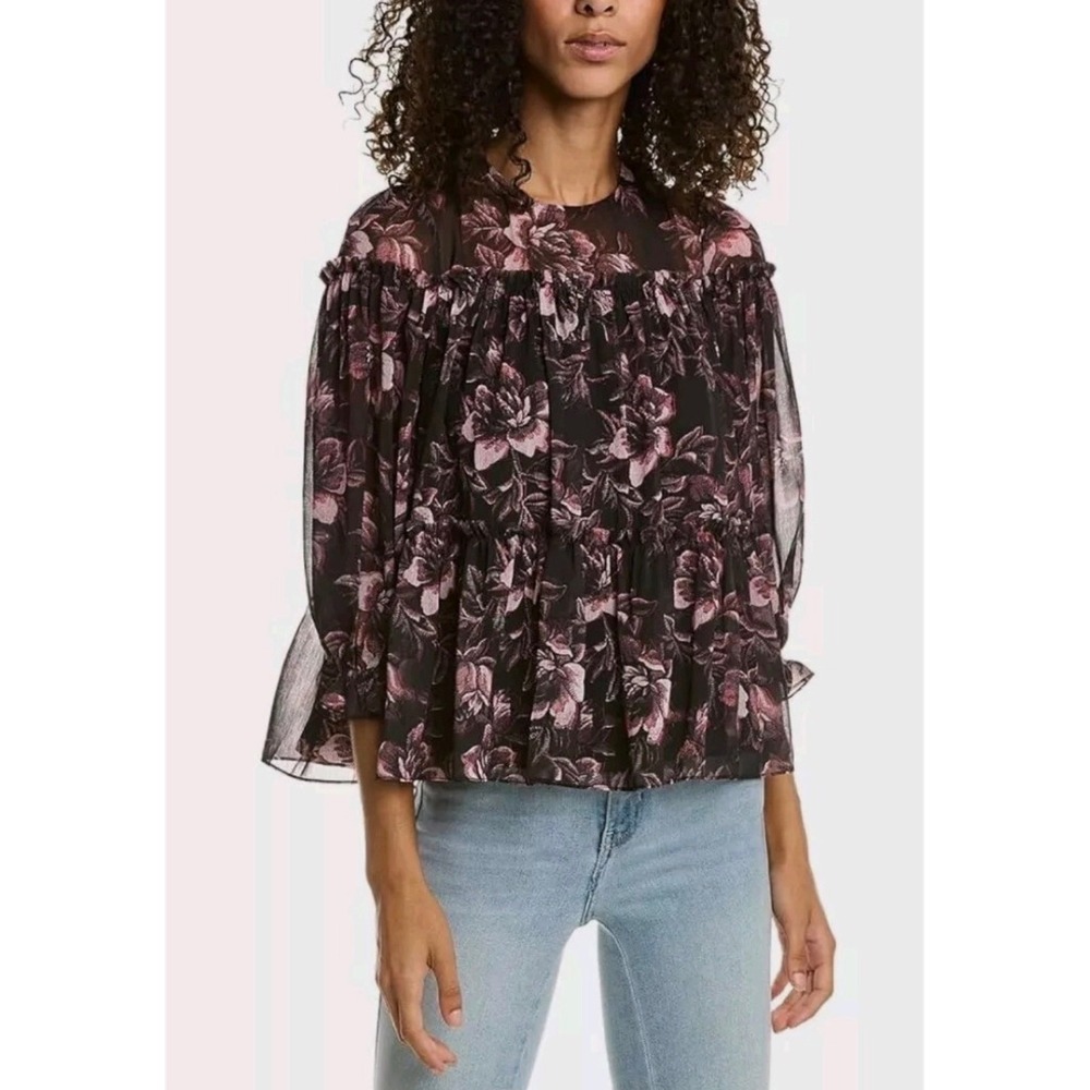 H2 Ted Baker London Floral Tiered Chiffon Blouse Black Pink Tie Back Size 1